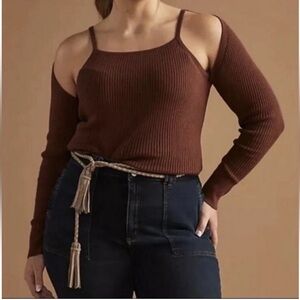 NWT Anthropologie Knit Shirt 2X Long Sleeve Cut Out Ribbed Chestnut Brown Sexy